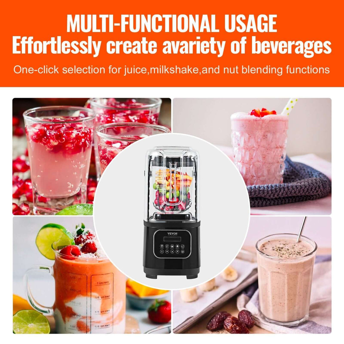 Multi-functional countertop blender with fruit, surrounded by smoothies and juice drinks