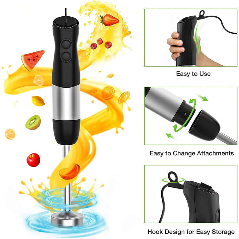 Handheld immersion blender with detachable attachments, easy-grip handle, and fruit smoothie splash.