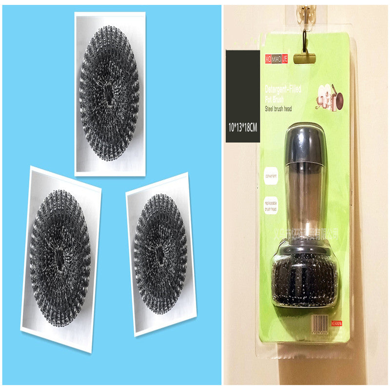Detergent-filled pot brush with steel brush heads for kitchen cleaning, replacement heads shown.