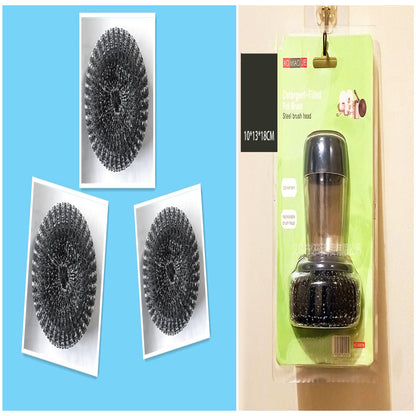 Detergent-filled pot brush with steel brush heads for kitchen cleaning, replacement heads shown.