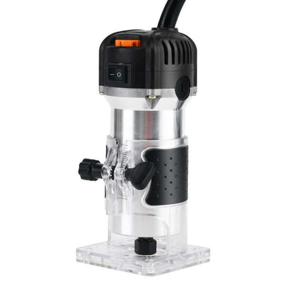 Electric handheld wood router tool with black grip and adjustable settings, isolated on white background
