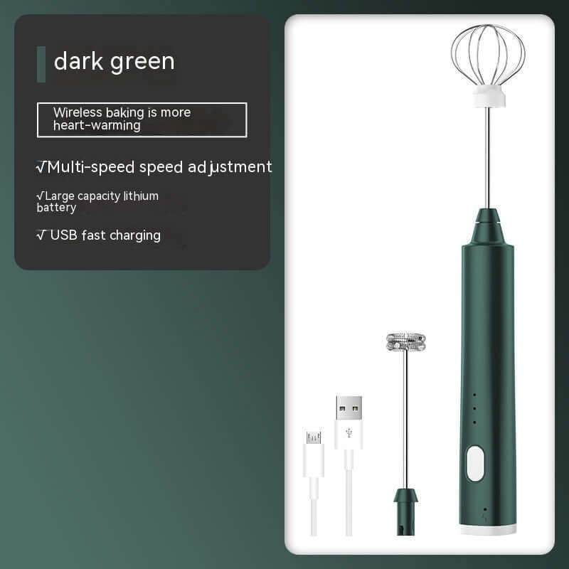 Dark green handheld electric whisk with detachable attachments and USB charging cable, kitchen gadget