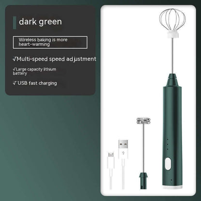 Dark green handheld electric whisk with detachable attachments and USB charging cable, kitchen gadget