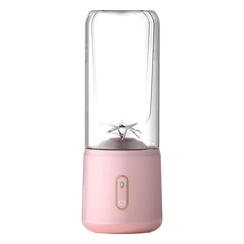 Pink portable blender with clear jar and stainless steel blades, countertop kitchen accessory