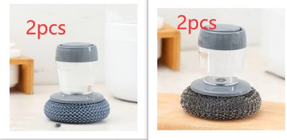 Set of 2 kitchen soap dispensing scrubbers with grey tops and steel sponge base