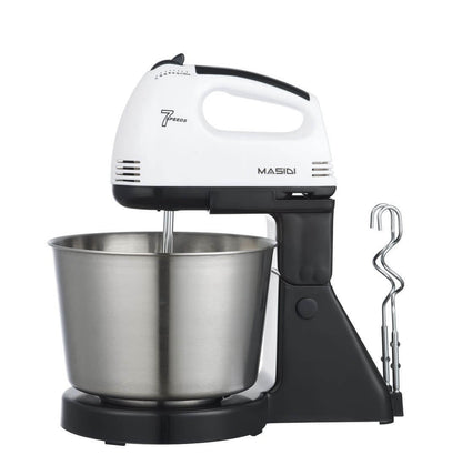 Electric stand mixer with stainless steel bowl and dough hooks for kitchen baking