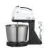 Electric stand mixer with stainless steel bowl and dough hooks for kitchen baking