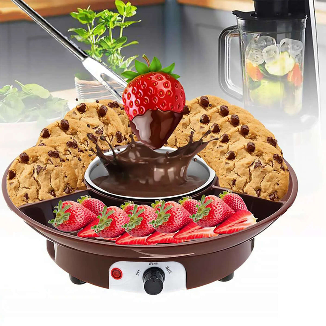 Electric chocolate fondue pot with strawberries and chocolate chip cookies in a kitchen setting