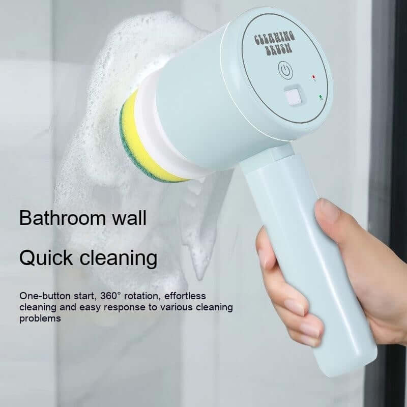Handheld electric cleaning brush scrubbing a bathroom wall with soap, effortless quick cleaning