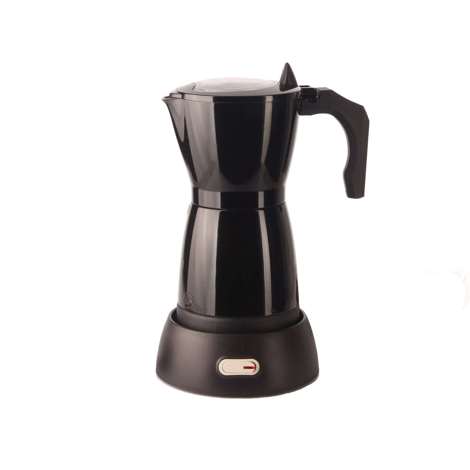 Black electric moka pot coffee maker with handle on white background