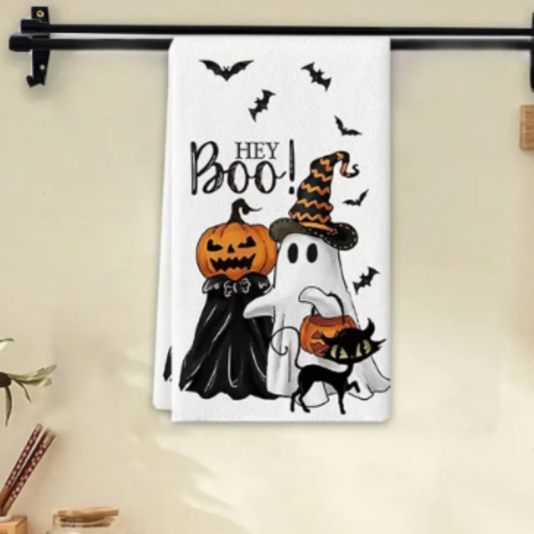 Halloween HEY Boo Pumpkin Black White Tea Towel