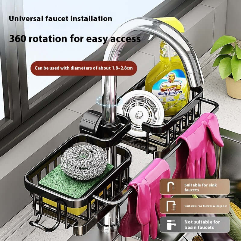 Rotating kitchen sink faucet rack with sponge, scrubber, pink gloves, and cleaning supplies.