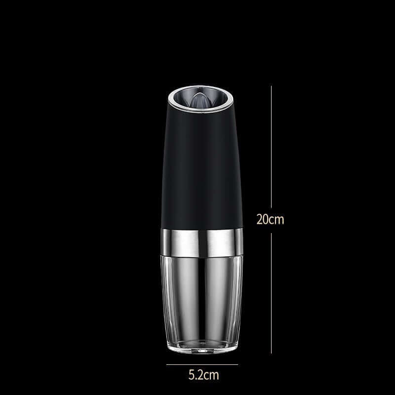 Black and silver electric pepper grinder with transparent bottom, 20cm tall, 5.2cm wide.