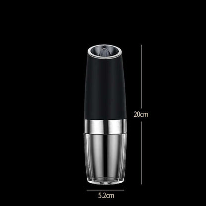 Black and silver electric pepper grinder with transparent bottom, 20cm tall, 5.2cm wide.