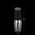 Black and silver electric pepper grinder with transparent bottom, 20cm tall, 5.2cm wide.
