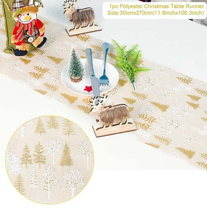 Polyester Christmas table runner with gold and white tree pattern, festive kitchen decor