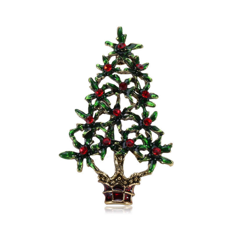 Festive Christmas tree brooch with green enamel branches and red decorative stones