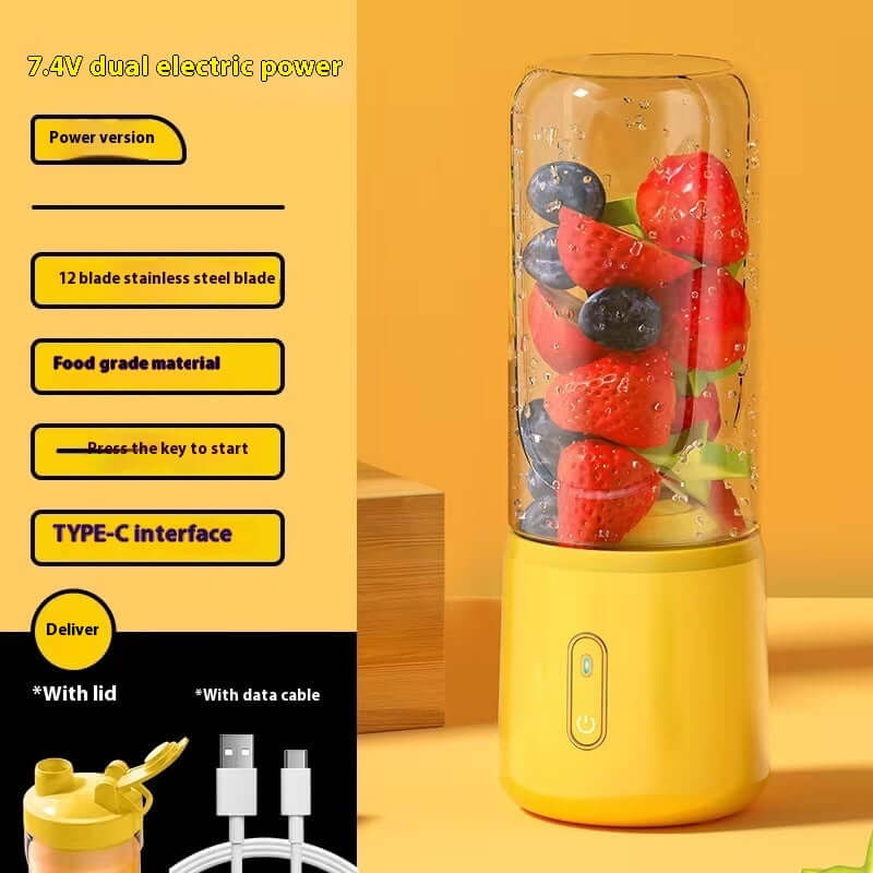 Yellow portable electric blender with fruit inside, stainless steel blades, Type-C charger