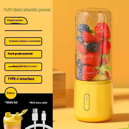Yellow portable electric blender with fruit inside, stainless steel blades, Type-C charger