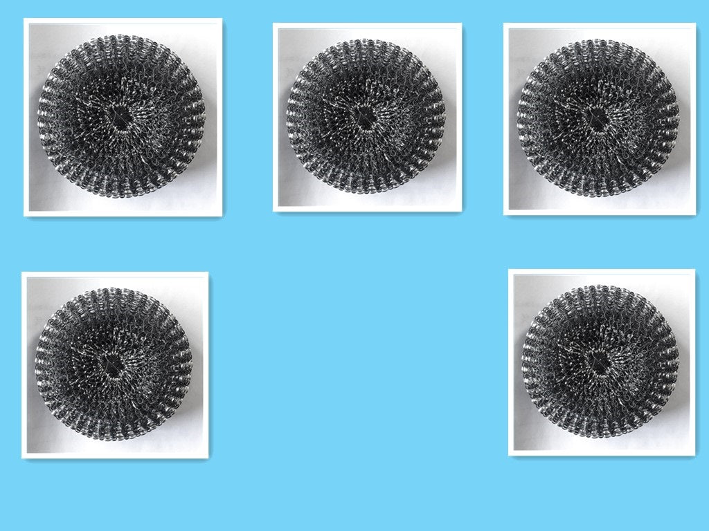 Set of five stainless steel kitchen scrubbers on white background with blue border