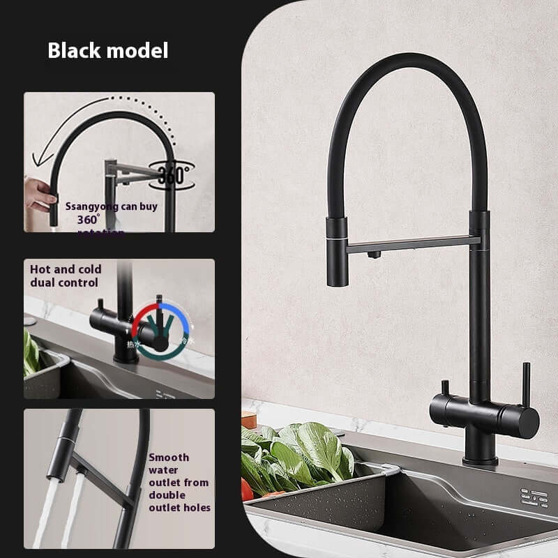 Black kitchen faucet with 360-degree swivel, hot and cold control, dual outlet, modern sink