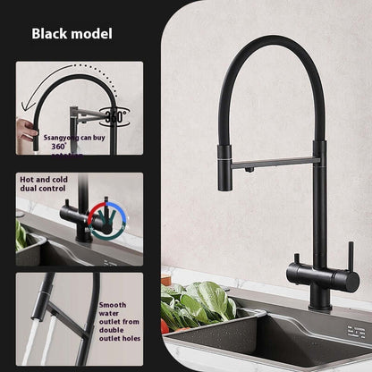 Black kitchen faucet with 360-degree swivel, hot and cold control, dual outlet, modern sink