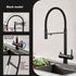 Black kitchen faucet with 360-degree swivel, hot and cold control, dual outlet, modern sink
