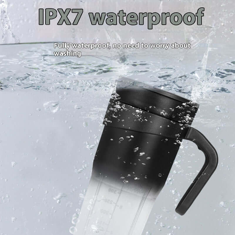Black kitchen blender cup submerged in water, showcasing IPX7 waterproof feature