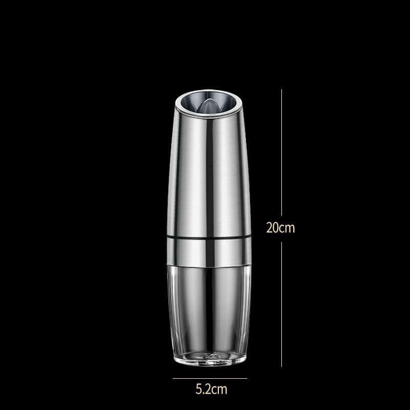 Stainless steel electric salt or pepper grinder with 20cm height and 5.2cm width on black background.