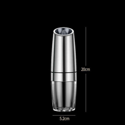 Stainless steel electric salt or pepper grinder with 20cm height and 5.2cm width on black background.