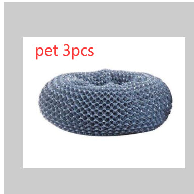 Set of three round mesh kitchen scrubbers, grey color, for dishwashing and cleaning