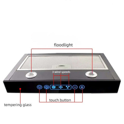Modern kitchen range hood with floodlight, touch buttons, 3 wind speeds, tempering glass.