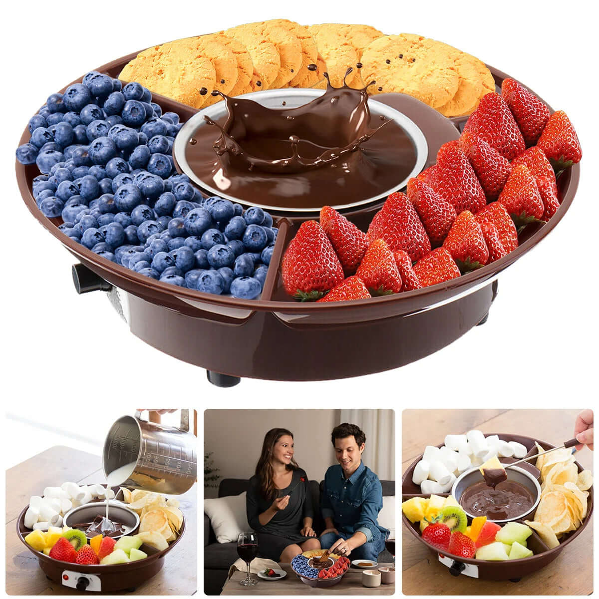 Electric chocolate fondue set with strawberries, blueberries, cookies and fruits for dipping.