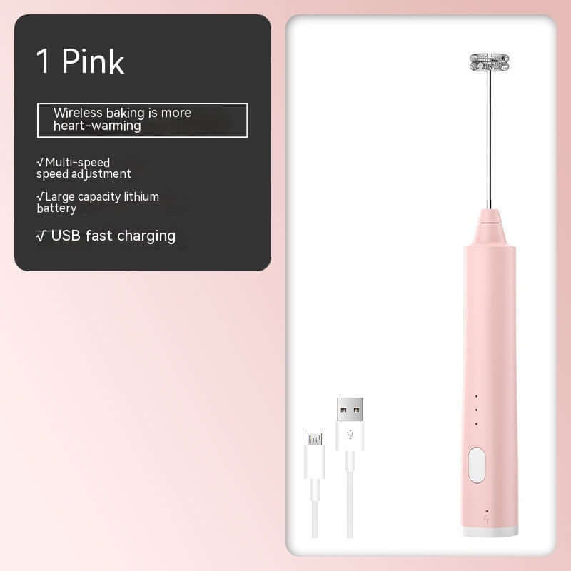 Pink electric milk frother with USB charging cable, multi-speed, for kitchen use