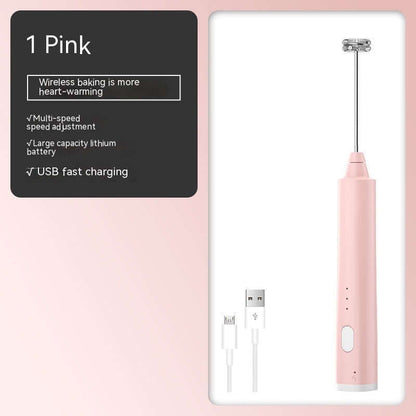 Pink electric milk frother with USB charging cable, multi-speed, for kitchen use