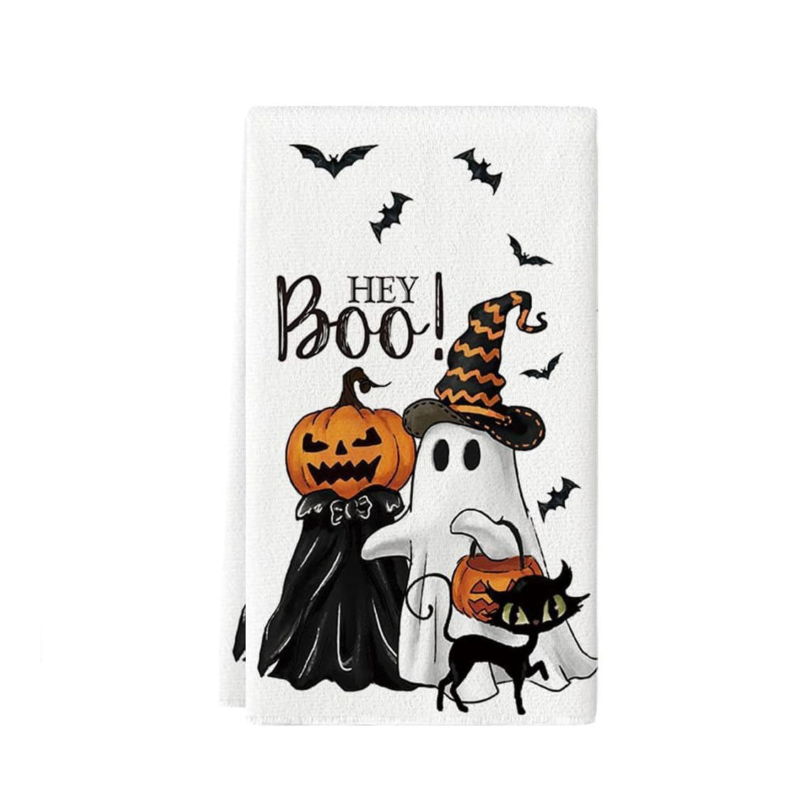 Halloween HEY Boo Pumpkin Black White Tea Towel