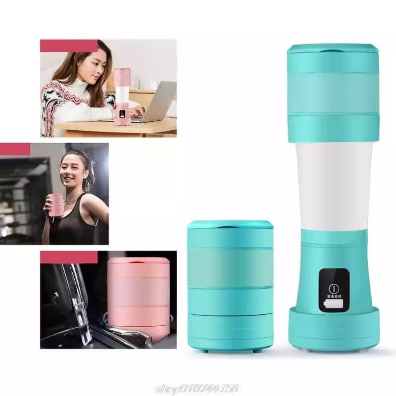 Portable electric blender and food container in blue and pink, shown in home and gym settings.