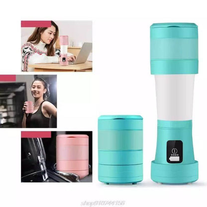Portable electric blender and food container in blue and pink, shown in home and gym settings.