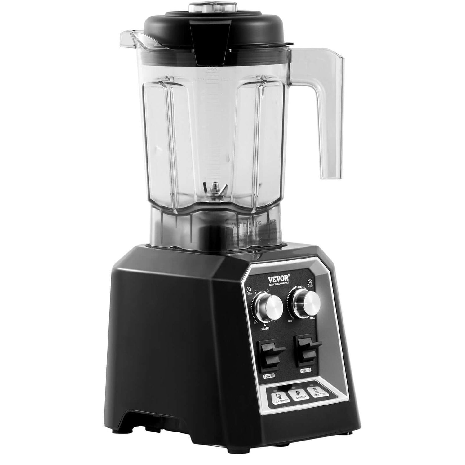 Black countertop blender with clear pitcher and control panel for kitchen use