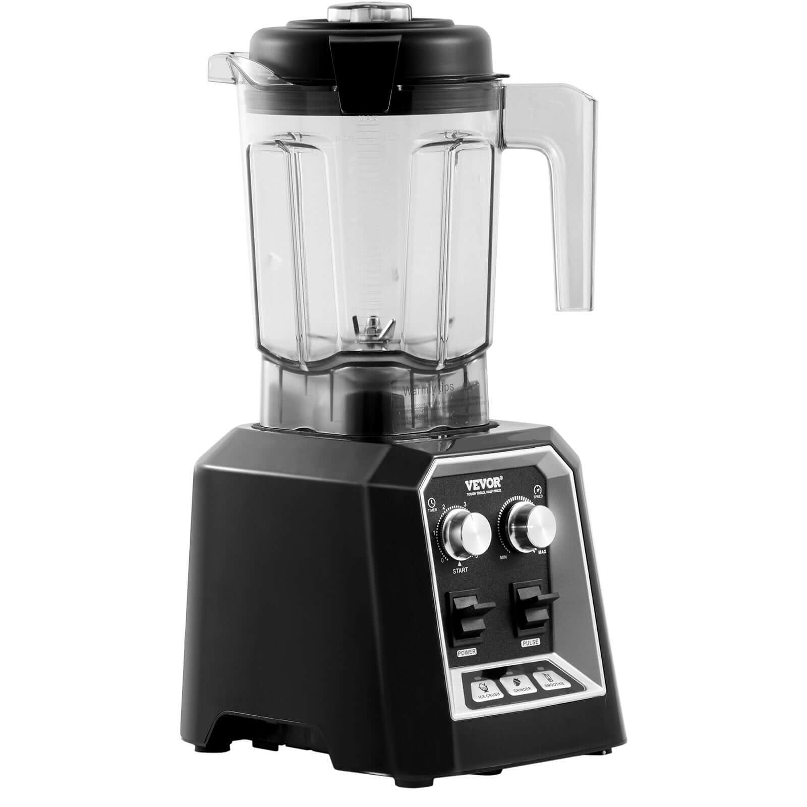 Black countertop blender with clear pitcher and control panel for kitchen use