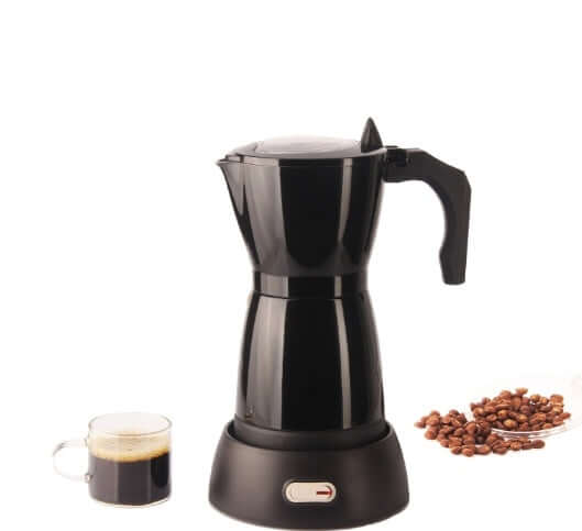 Black electric moka pot coffee maker with glass cup of espresso and coffee beans on white background