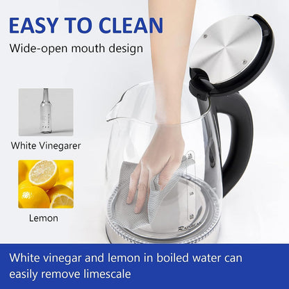 Electric Water Kettle - 1.8L With LED Light, Auto Shut-Off &amp; Boil Dry Protection, Glass Black