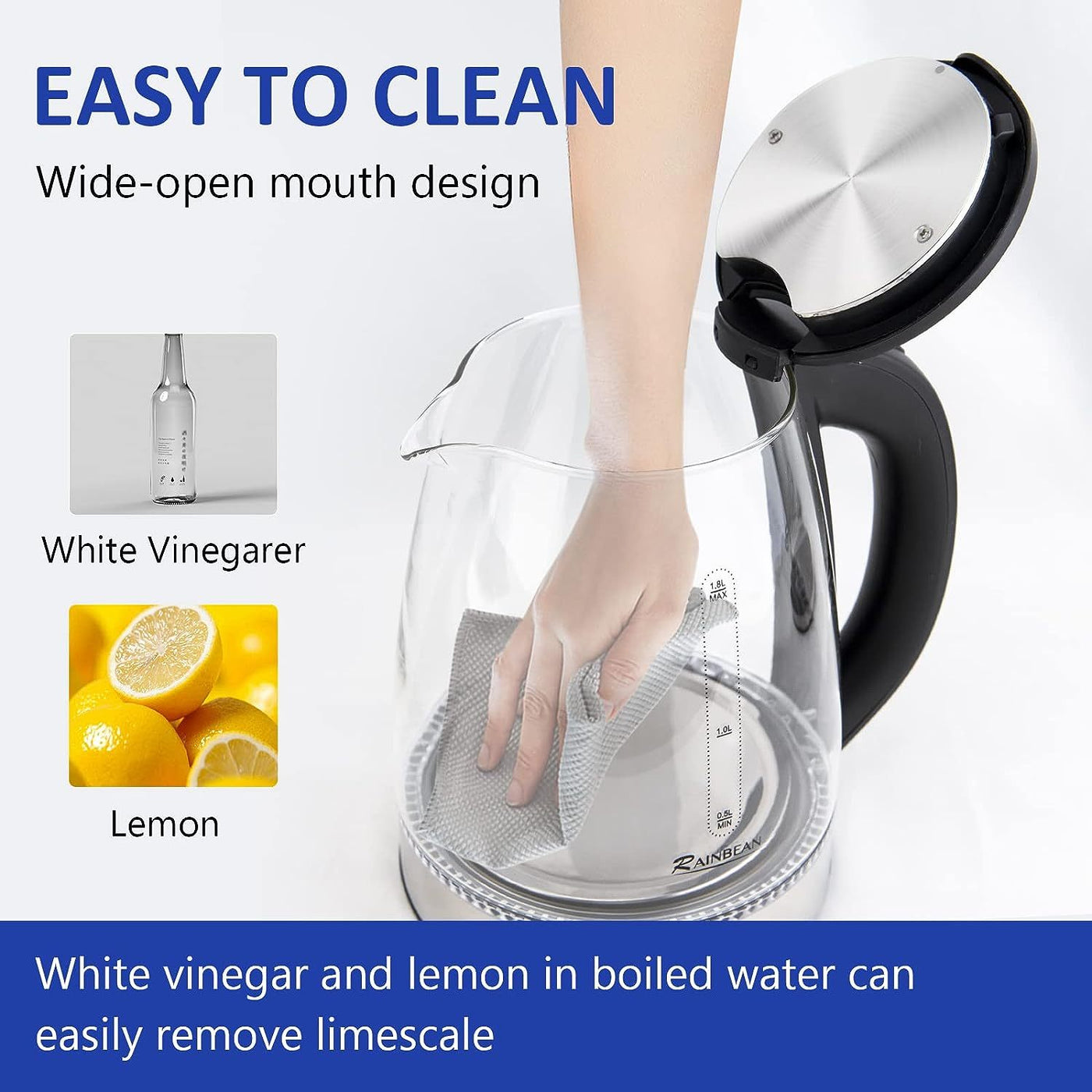 Electric Water Kettle - 1.8L With LED Light, Auto Shut-Off & Boil Dry Protection, Glass Black