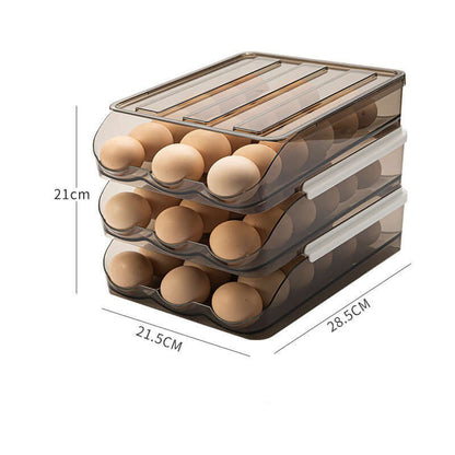 Stackable plastic egg storage container with lid, filled with eggs, kitchen organizer