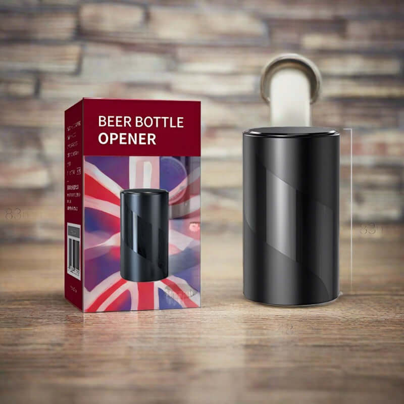 Black beer bottle opener with box on wooden table, kitchen accessory gadget