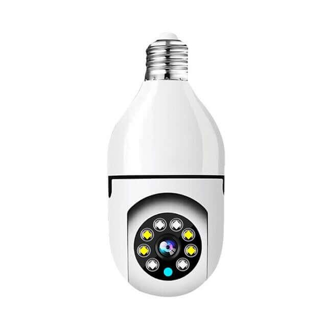 White smart light bulb security camera with LED lights and E27 base on white background