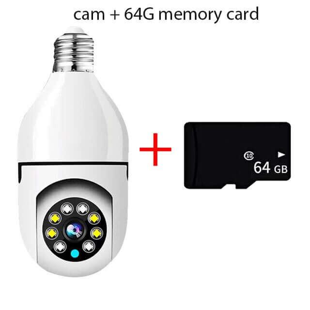 Light bulb security camera with infrared LEDs and 64GB memory card for home monitoring