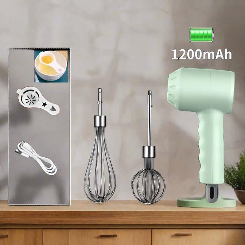 Rechargeable electric hand mixer set with whisk attachments and egg separator on kitchen counter