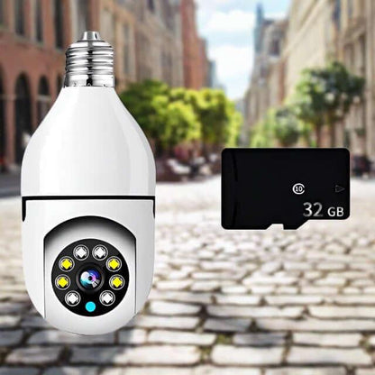 Smart bulb security camera with LED lights and 32GB microSD card on a city street background