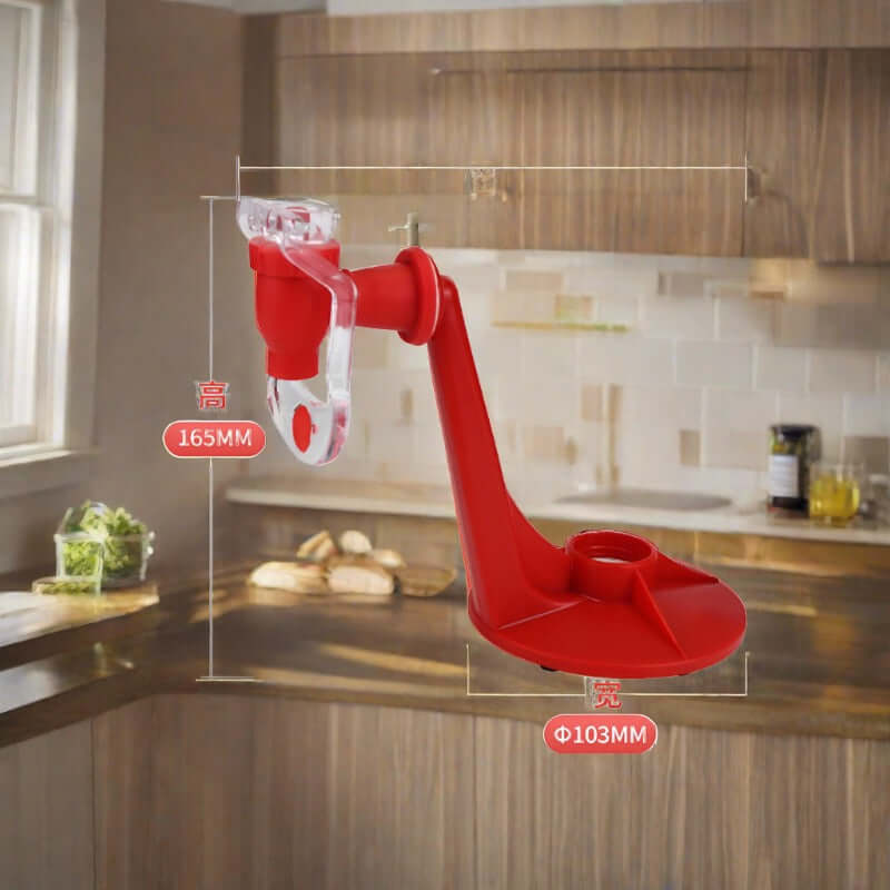 Red plastic kitchen tool holder with clear clip, dimensions 165mm height, 103mm base diameter, on kitchen counter.